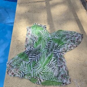 Green Leaf Print Sheer Cover-Up